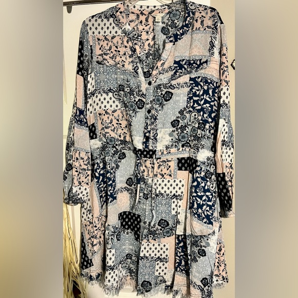 Cato Dresses & Skirts - Cato Blue and Pink Patchwork Button Down Dress with a Drawstring Waist and Pocke